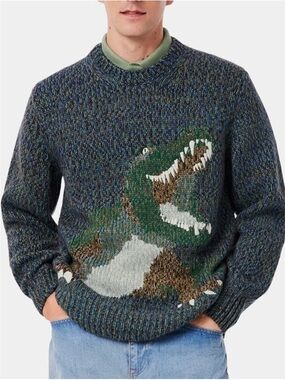 Lacoste Men’s Classic Fit Intarsia Knit Crocodile Sweater Blue Wool Size Small